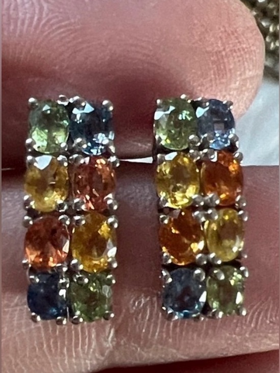 Unique Vintage Jewelry - Rainbow Sapphire Huggie Earrings 925 Sterling Silver Multi-Color Gemstone Hoops